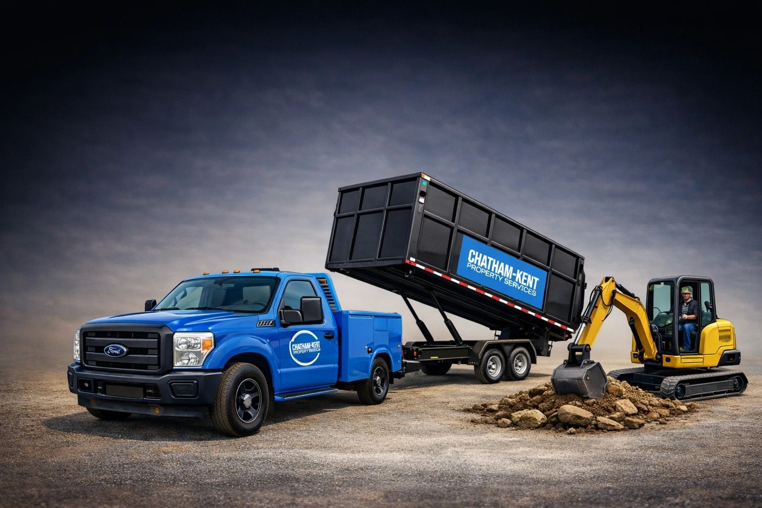 Blue CK Property Services truck with dump trailer and mini excavator
